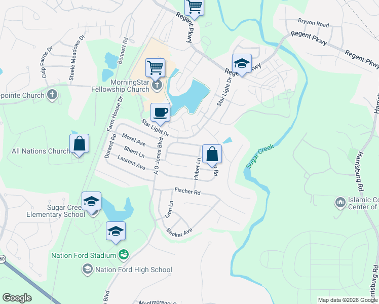 map of restaurants, bars, coffee shops, grocery stores, and more near 1128 Wagner Avenue in Fort Mill