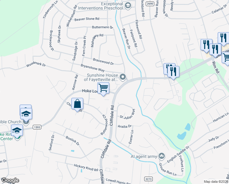 map of restaurants, bars, coffee shops, grocery stores, and more near 1-435 Hoke Loop Road in Fayetteville