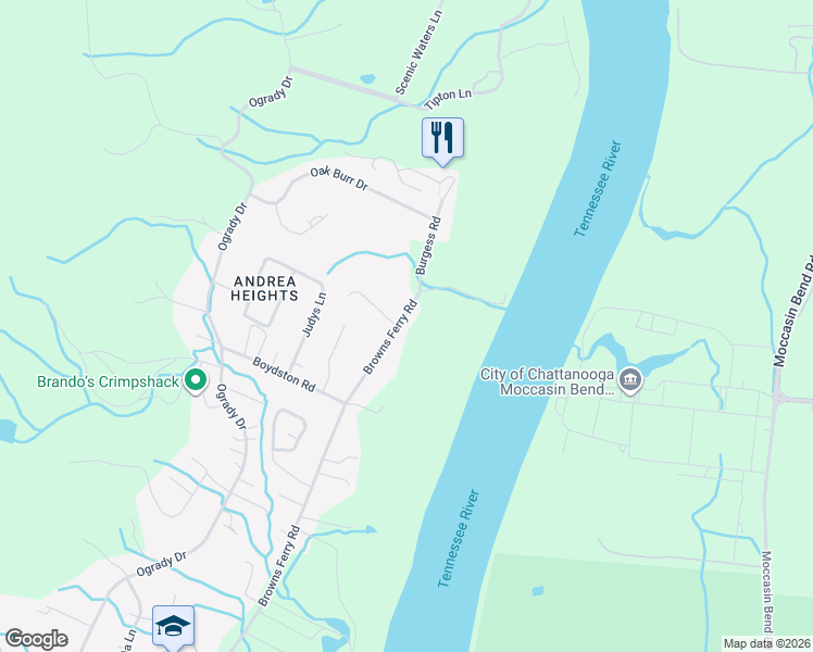 map of restaurants, bars, coffee shops, grocery stores, and more near 1238 Browns Ferry Road in Chattanooga