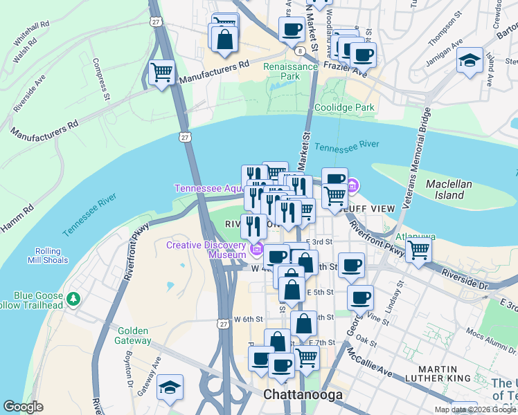 map of restaurants, bars, coffee shops, grocery stores, and more near 185 Chestnut Street in Chattanooga