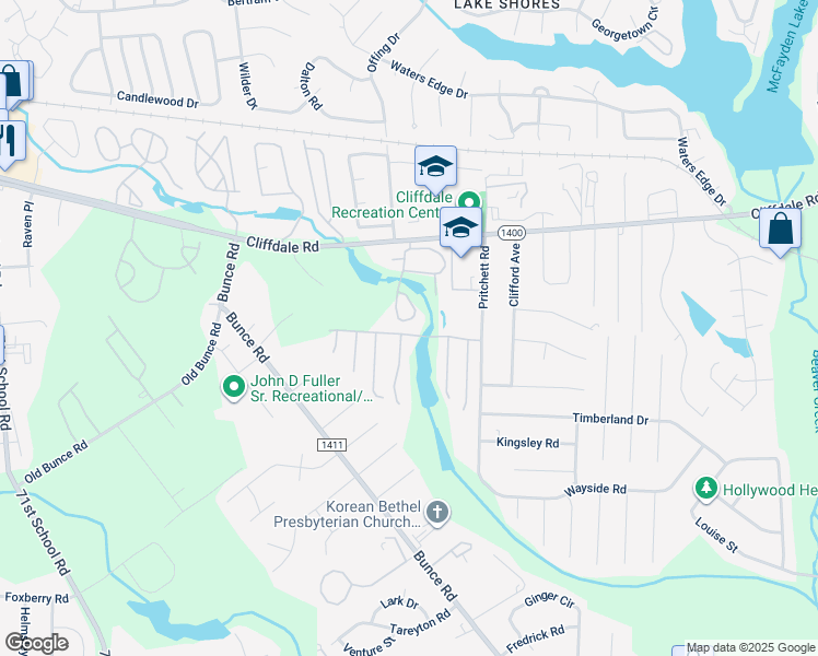 map of restaurants, bars, coffee shops, grocery stores, and more near 6475-6499 Cross Pointe Drive in Fayetteville