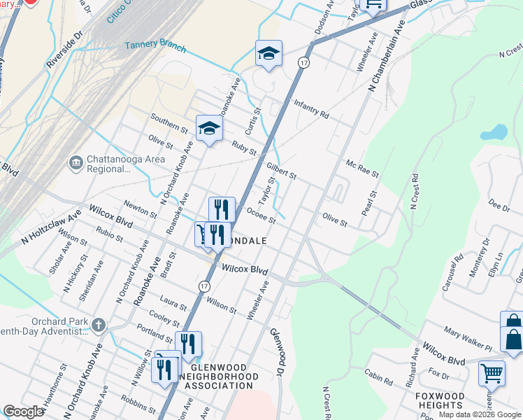 map of restaurants, bars, coffee shops, grocery stores, and more near 2207 Ocoee Street in Chattanooga