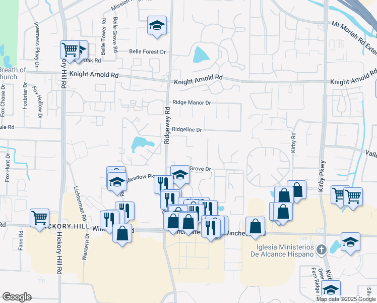 map of restaurants, bars, coffee shops, grocery stores, and more near 3436 Fescue Lane in Memphis