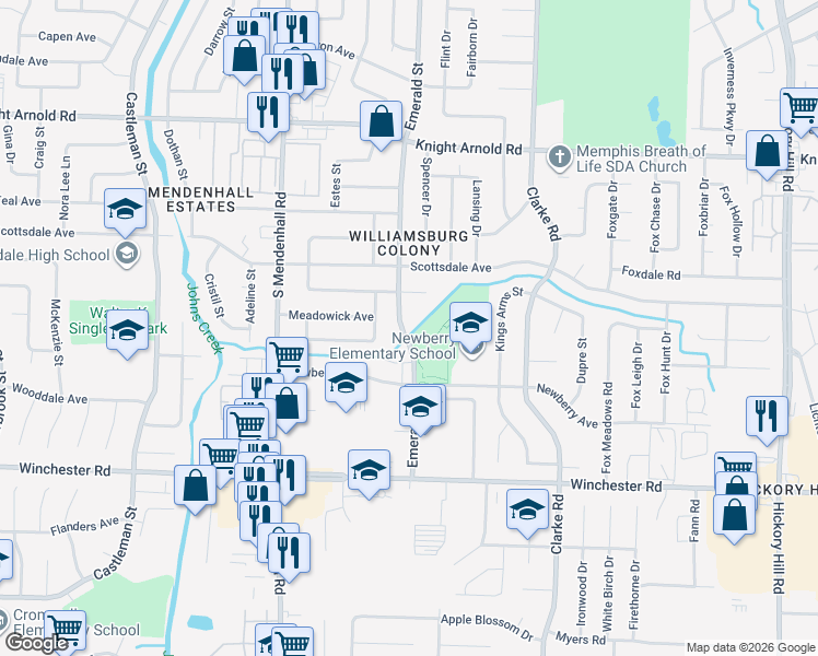 map of restaurants, bars, coffee shops, grocery stores, and more near 3429 Emerald Street in Memphis