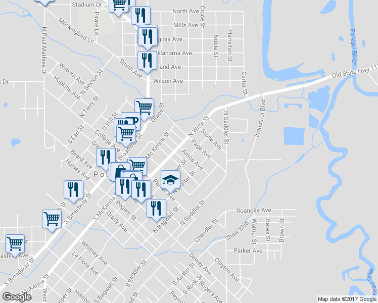 map of restaurants, bars, coffee shops, grocery stores, and more near 300-398 Amos Avenue in Poteau