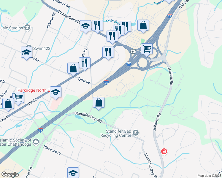 map of restaurants, bars, coffee shops, grocery stores, and more near 2626 Walker Road in Chattanooga