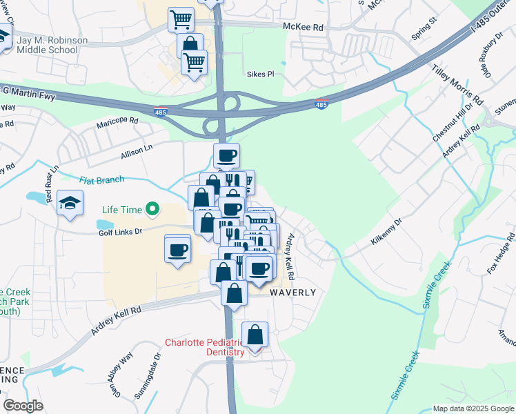 map of restaurants, bars, coffee shops, grocery stores, and more near 6408 Providence Farm Lane in Charlotte