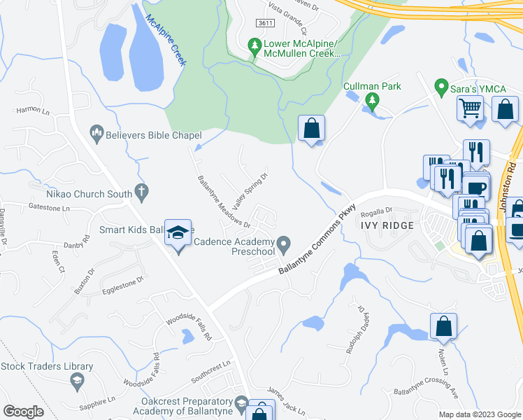 map of restaurants, bars, coffee shops, grocery stores, and more near 11007 Kingston Place Drive in Charlotte