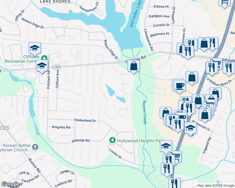 map of restaurants, bars, coffee shops, grocery stores, and more near 5811 Mondavi Place in Fayetteville