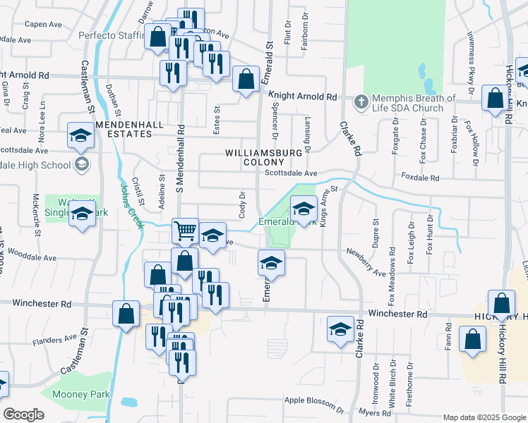 map of restaurants, bars, coffee shops, grocery stores, and more near 3429 Emerald Street in Memphis