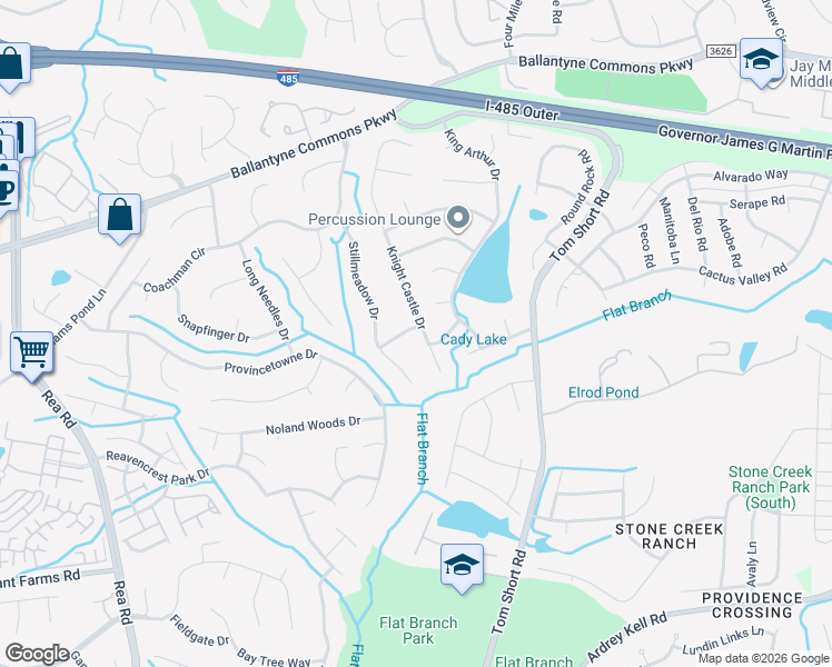 map of restaurants, bars, coffee shops, grocery stores, and more near 10809 Wild Azalea Lane in Charlotte
