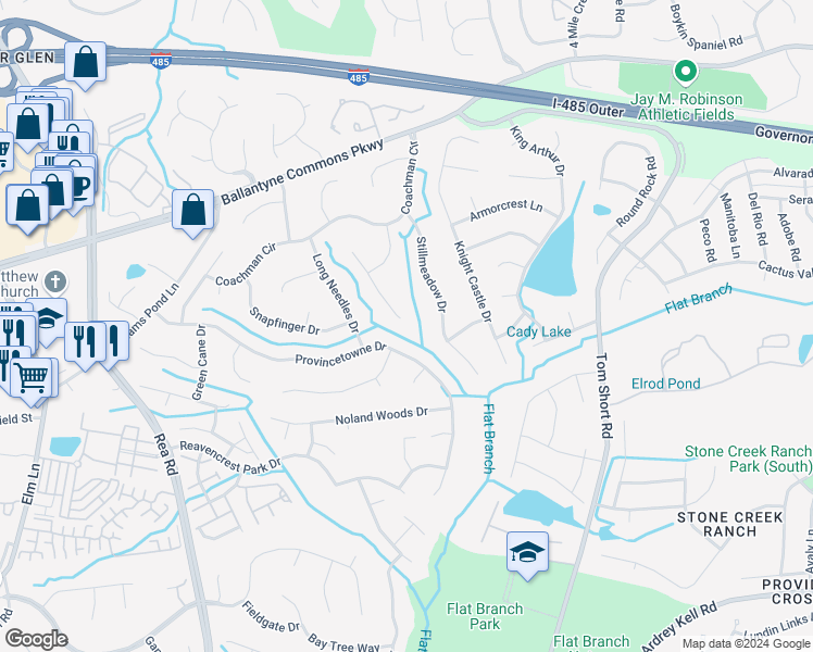 map of restaurants, bars, coffee shops, grocery stores, and more near 10901 Fox Mill Lane in Charlotte