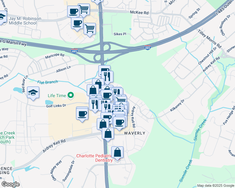 map of restaurants, bars, coffee shops, grocery stores, and more near 6408 Providence Farm Lane in Charlotte