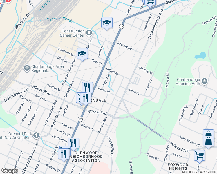 map of restaurants, bars, coffee shops, grocery stores, and more near 2315 Ocoee Street in Chattanooga