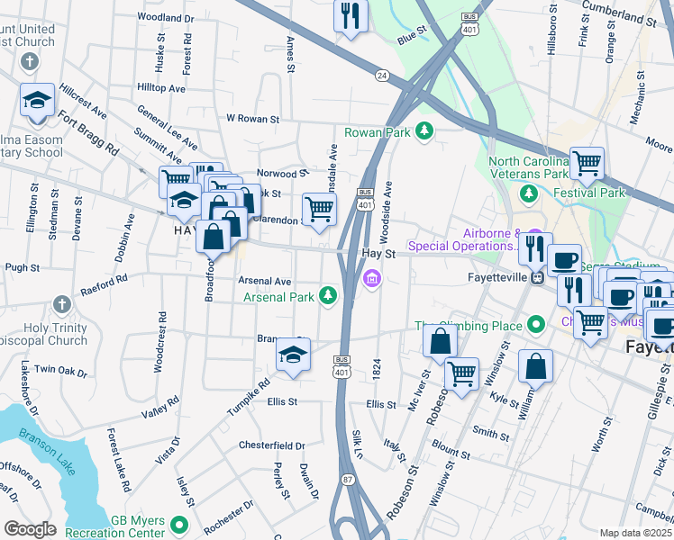 map of restaurants, bars, coffee shops, grocery stores, and more near 822 Arsenal Avenue in Fayetteville