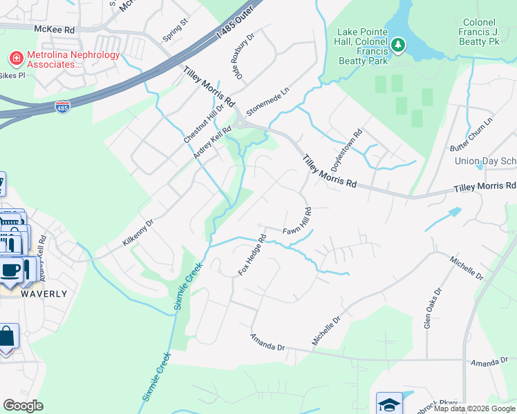 map of restaurants, bars, coffee shops, grocery stores, and more near 11012 Brush Hollow Road in Matthews