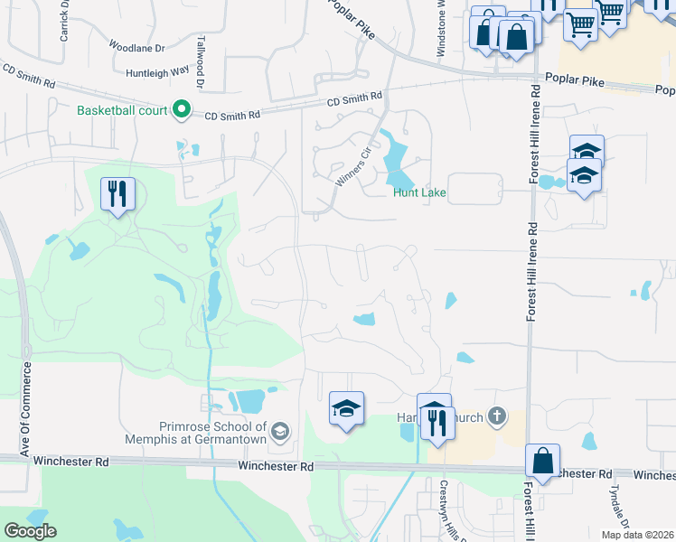 map of restaurants, bars, coffee shops, grocery stores, and more near 3440 Lake Pointe in Memphis