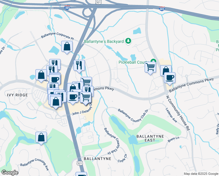 map of restaurants, bars, coffee shops, grocery stores, and more near Ballantyne Corporate Place in Charlotte