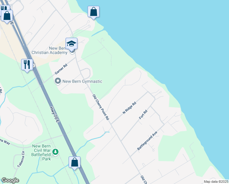 map of restaurants, bars, coffee shops, grocery stores, and more near 300-398 State Road 1120 in New Bern