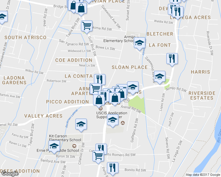 map of restaurants, bars, coffee shops, grocery stores, and more near 1442 Sunset Road Southwest in Albuquerque