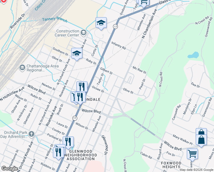 map of restaurants, bars, coffee shops, grocery stores, and more near 2315 Ocoee Street in Chattanooga