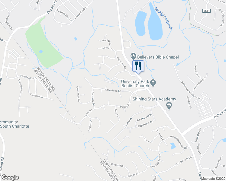map of restaurants, bars, coffee shops, grocery stores, and more near 13616 Gatestone Lane in Pineville