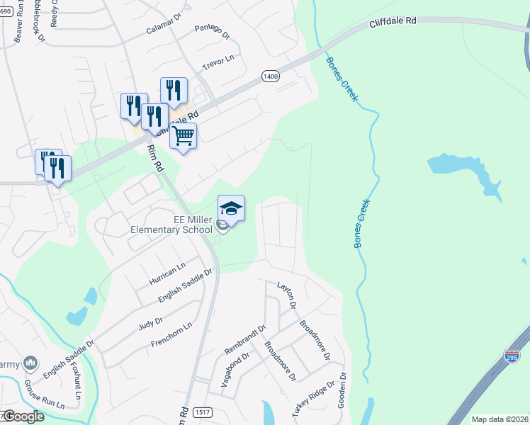 map of restaurants, bars, coffee shops, grocery stores, and more near 1351 Rim Road in Fayetteville
