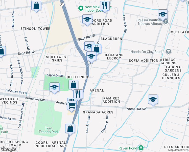 map of restaurants, bars, coffee shops, grocery stores, and more near 1615 Foothill Drive Southwest in Albuquerque