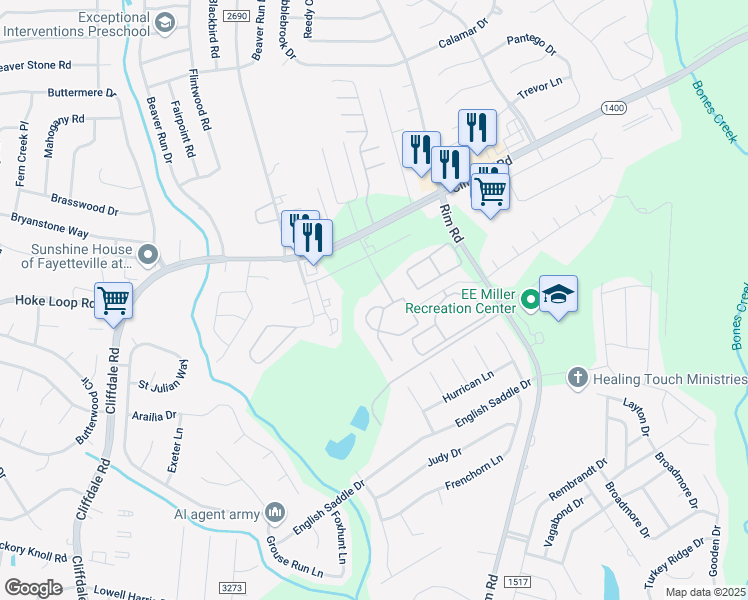 map of restaurants, bars, coffee shops, grocery stores, and more near 1550 Alabaster Way in Fayetteville