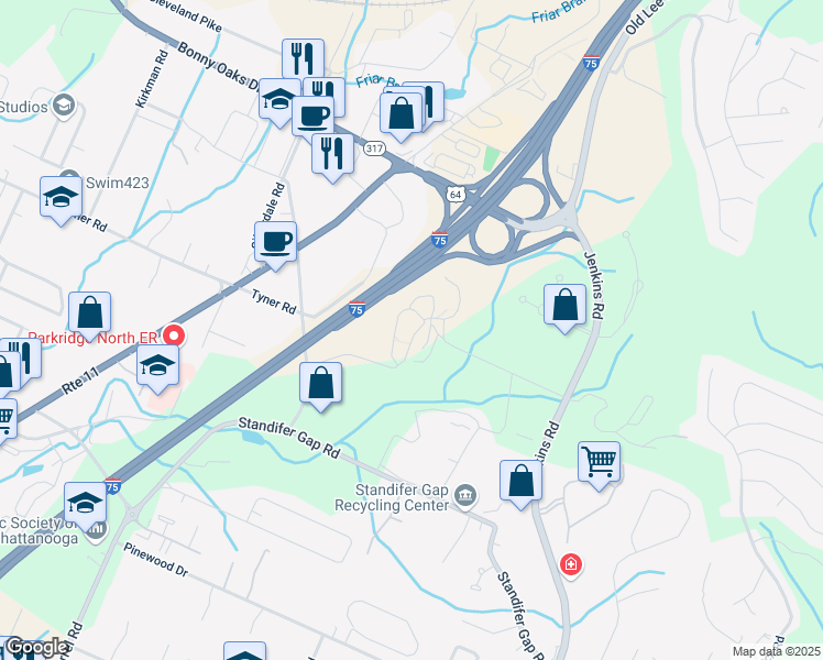 map of restaurants, bars, coffee shops, grocery stores, and more near 2626 Walker Road in Chattanooga