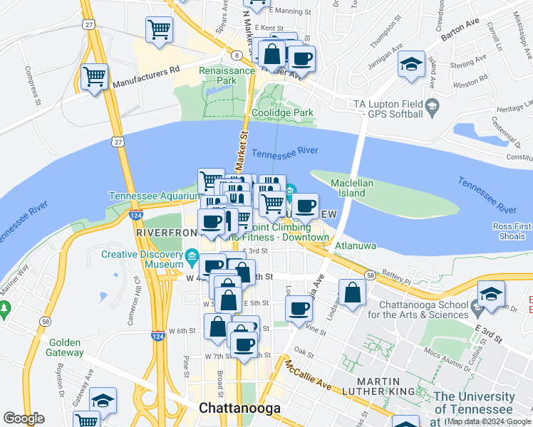 map of restaurants, bars, coffee shops, grocery stores, and more near 191 Walnut Street in Chattanooga