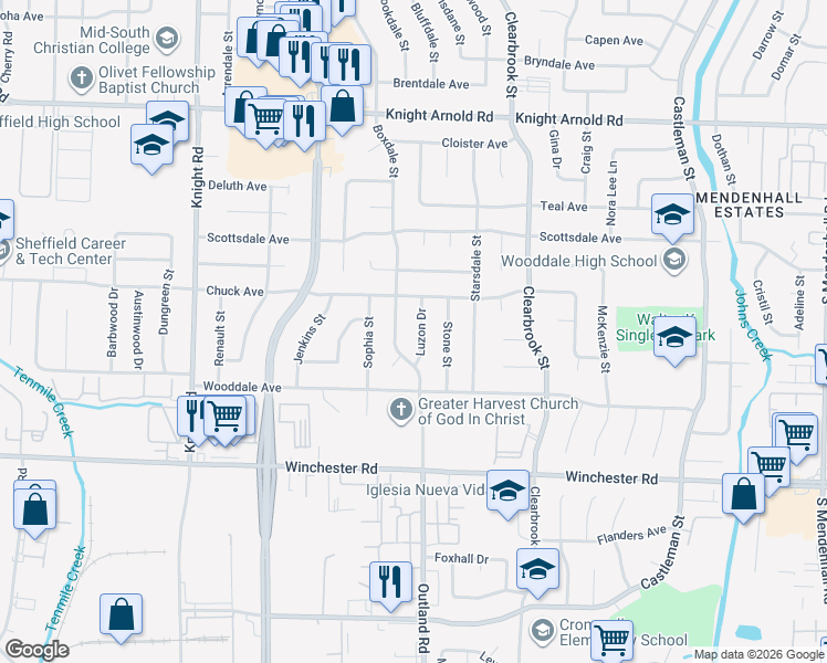 map of restaurants, bars, coffee shops, grocery stores, and more near 3430 Boxdale Street in Memphis