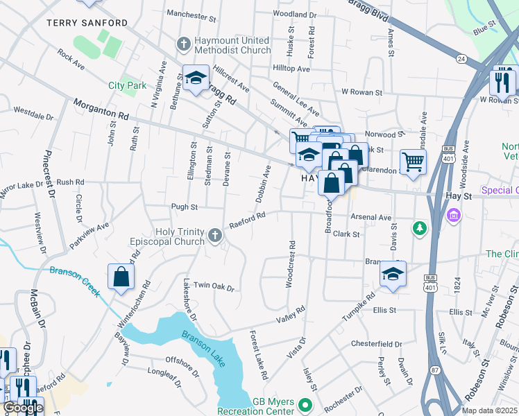 map of restaurants, bars, coffee shops, grocery stores, and more near 1428 Raeford Road in Fayetteville