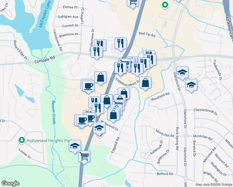 map of restaurants, bars, coffee shops, grocery stores, and more near 5866 Century Oaks Drive in Fayetteville