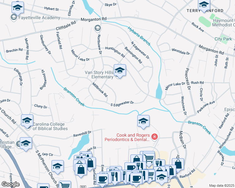 map of restaurants, bars, coffee shops, grocery stores, and more near 2608 Westchester Drive in Fayetteville
