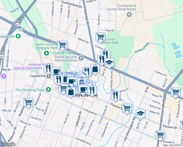 map of restaurants, bars, coffee shops, grocery stores, and more near Green Street in Fayetteville