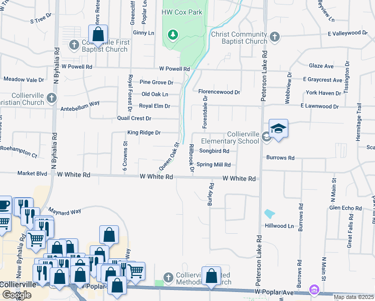 map of restaurants, bars, coffee shops, grocery stores, and more near 571 Rillbrook Drive in Collierville