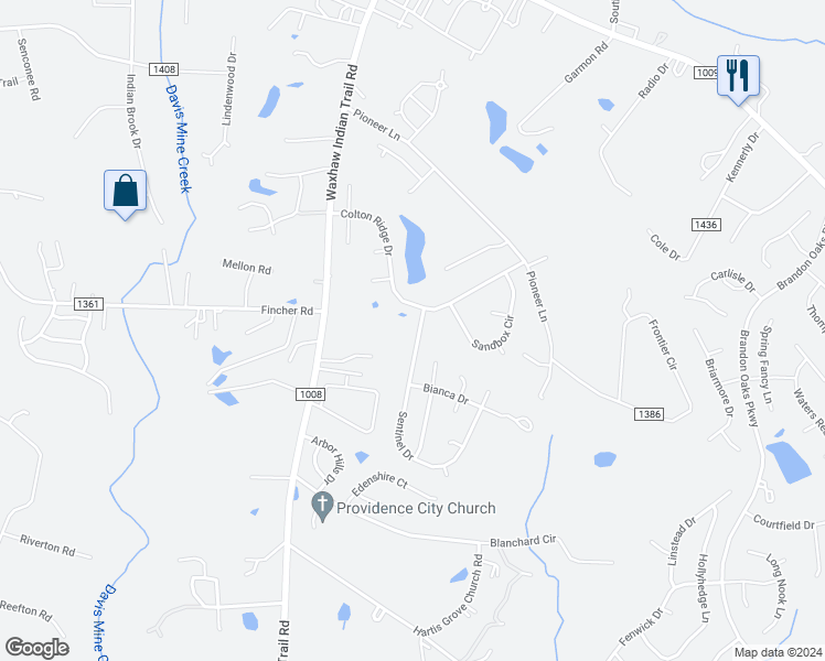 map of restaurants, bars, coffee shops, grocery stores, and more near 1004 Sentinel Drive in Indian Trail