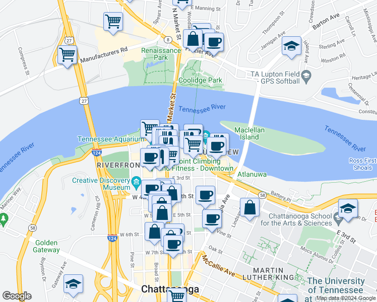 map of restaurants, bars, coffee shops, grocery stores, and more near 191 Walnut Street in Chattanooga