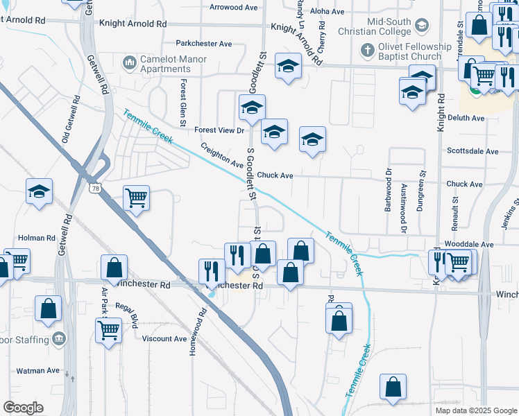 map of restaurants, bars, coffee shops, grocery stores, and more near 3403 Windy Hollow Circle in Memphis