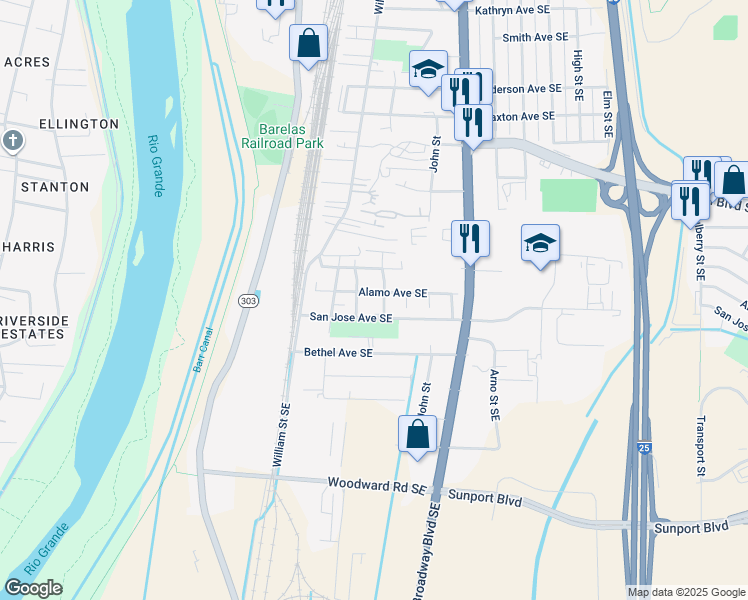 map of restaurants, bars, coffee shops, grocery stores, and more near 301 San Jose Avenue Southeast in Albuquerque