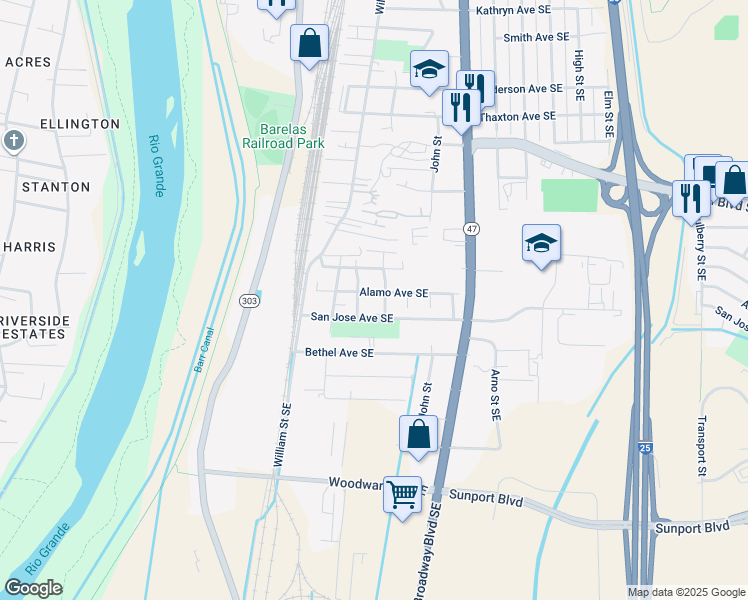 map of restaurants, bars, coffee shops, grocery stores, and more near 301 San Jose Avenue Southeast in Albuquerque