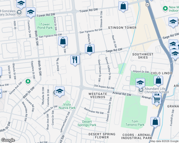 map of restaurants, bars, coffee shops, grocery stores, and more near 1509 Fox Hill Place Southwest in Albuquerque