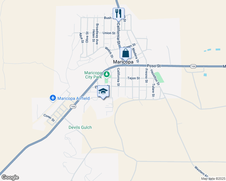 map of restaurants, bars, coffee shops, grocery stores, and more near 913 1/2 Stanislaus Street in Maricopa