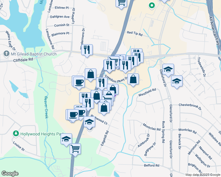 map of restaurants, bars, coffee shops, grocery stores, and more near 5866 Century Oaks Drive in Fayetteville