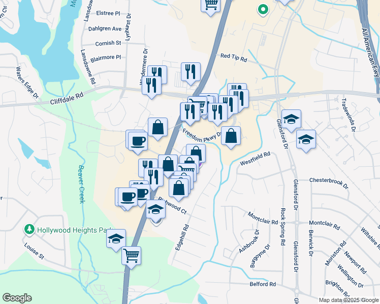 map of restaurants, bars, coffee shops, grocery stores, and more near 5866 Century Oaks Drive in Fayetteville