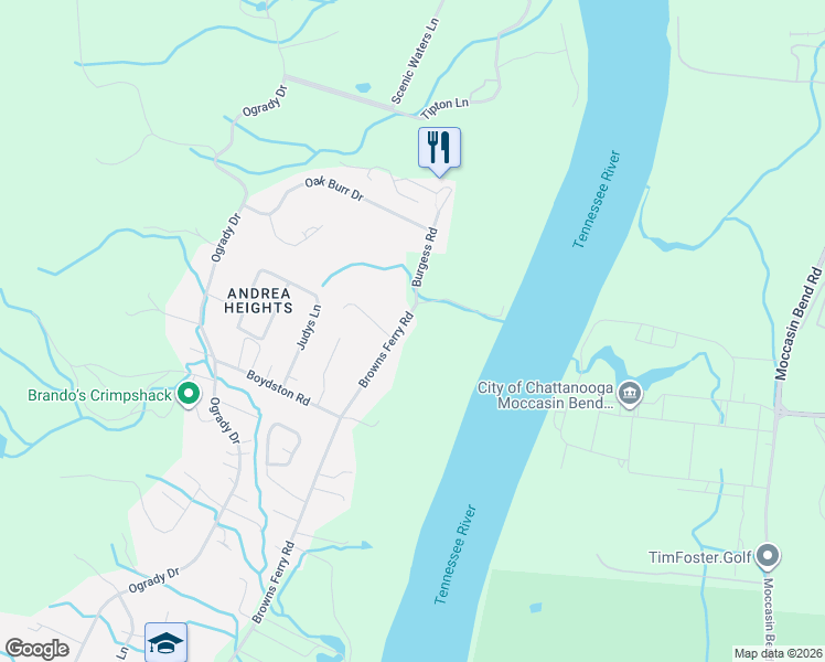 map of restaurants, bars, coffee shops, grocery stores, and more near 1238 Browns Ferry Road in Chattanooga