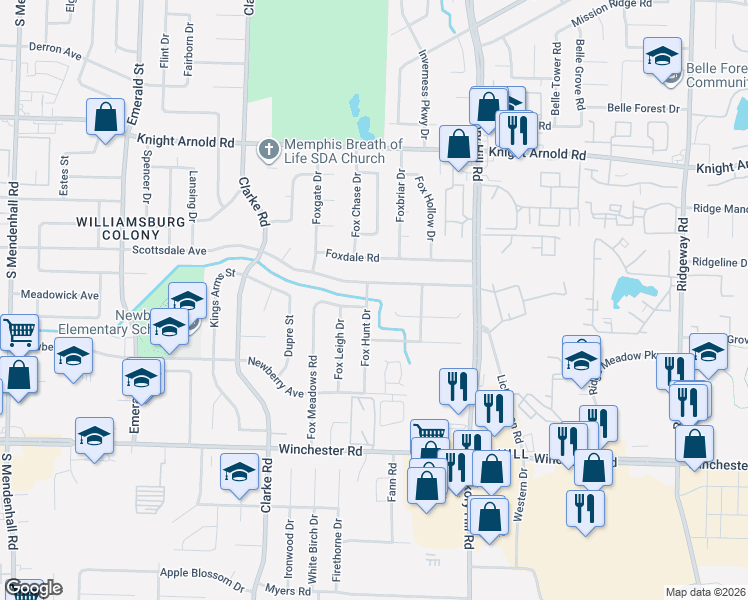 map of restaurants, bars, coffee shops, grocery stores, and more near 5767 Fox Bend Avenue in Memphis