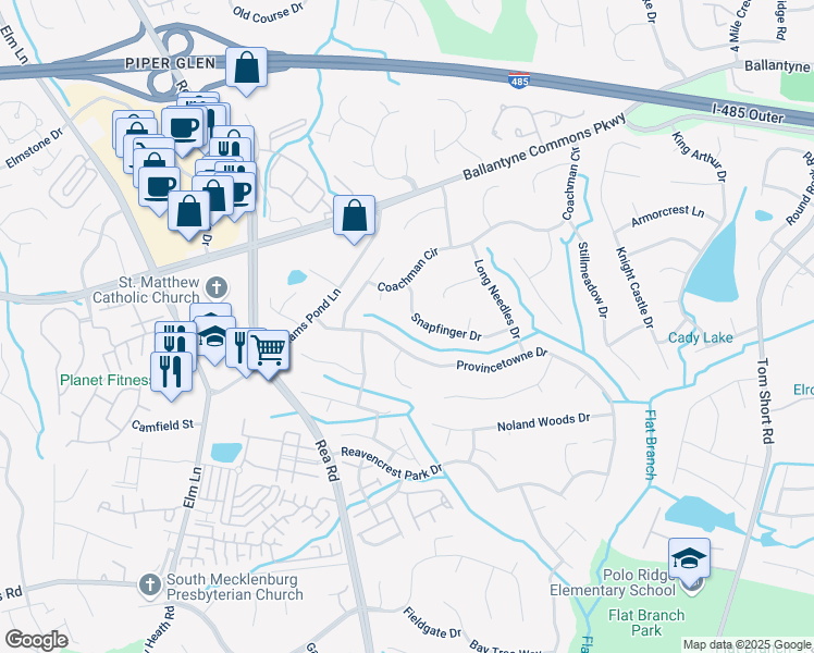 map of restaurants, bars, coffee shops, grocery stores, and more near 11803 Provincetowne Drive in Charlotte