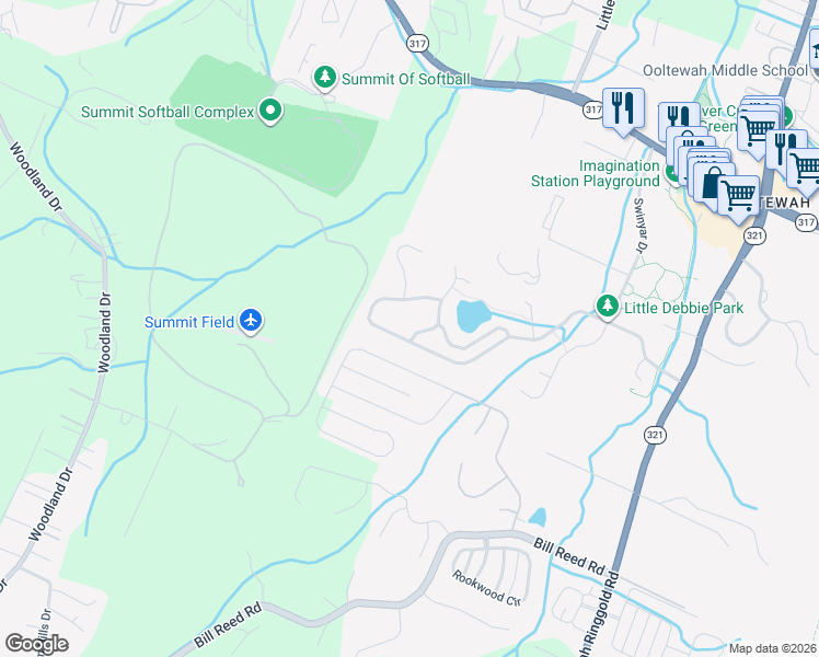 map of restaurants, bars, coffee shops, grocery stores, and more near 9299 Leyland Drive in Ooltewah